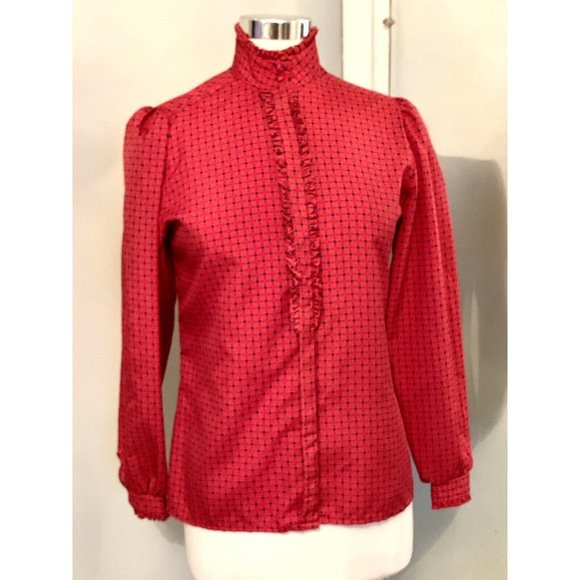 Vintage :: Red Polka Dot Secretary Blouse Size M Puffy Sleeve High Neck Ruffles - Picture 11 of 11
